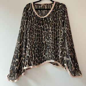 Leopard Boho Sheer Flare Sleeve Flowy Blouse Large